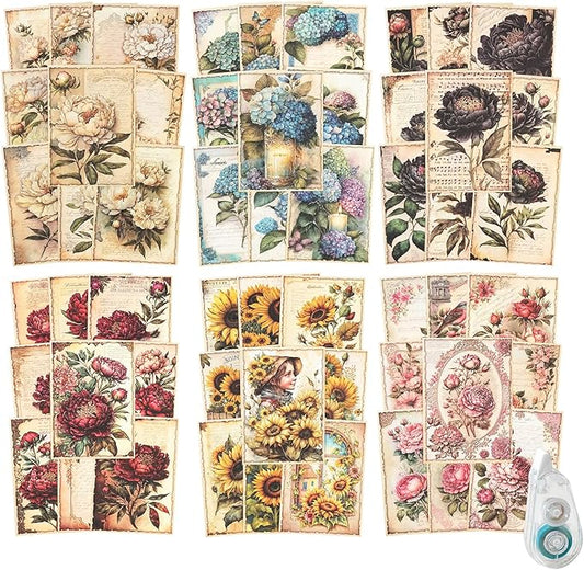 180Pcs Vintage Flower Scrapbook Paper, Ephemera Pack for Journaling and Junk Journal Supplies, Scrapbooking Kit with Glue Tape
