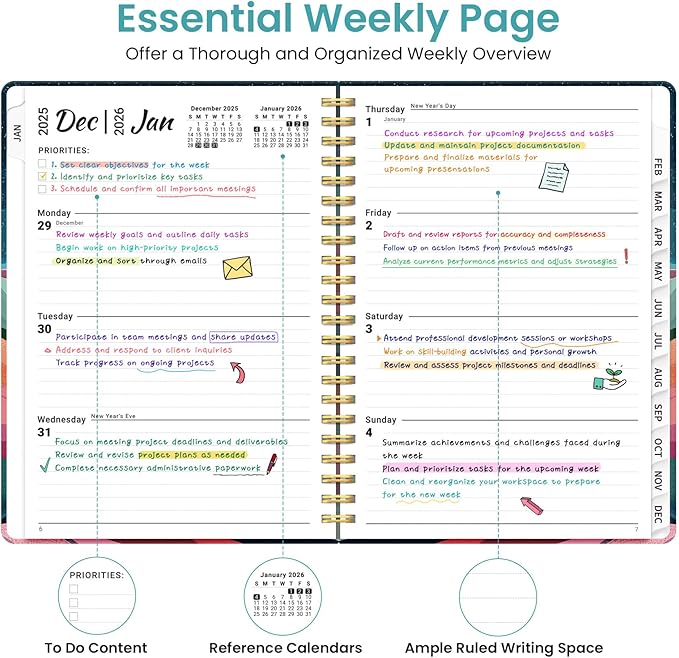 2026 Planner, Weekly and Monthly Planner for Women, January 2026 to December 2026, Pretty Hardcover 2026 Calendar Planner Book with Tabs, Inner Pocket, Spiral Bound, Perfect Office Home School Supplies - 8.5" x 11", Painted Horizon