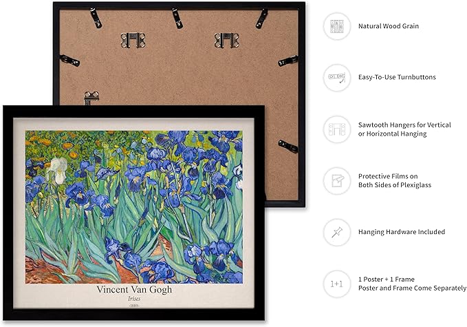 Monem Art Vintage Van Gogh Poster - Retro Irises Print - Impressionism Art - Floral Art - Fine Art - Flower Art - Classic Painting Art - Aesthetic Living Room Wall Decor - 11x14 Black Framed