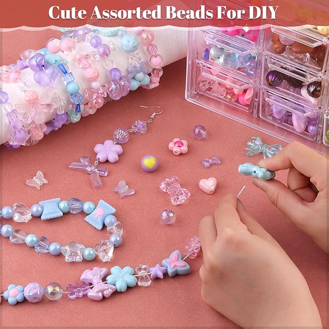 180-240PCS TINKRSTUFF Assorted Acrylic Beads 3 Mixed Colors Cute Beads for Bracelet Making, Bow Aesthetic GummyBear Flower Butterfly Kawaii Charms for Jewelry Making DIY Necklace Keychain Phone Charm