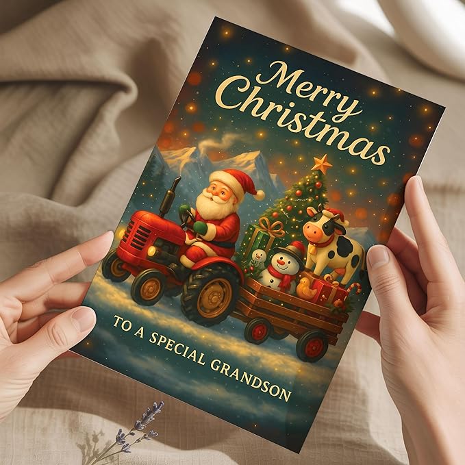 (5.3x8in) Merry Christmas to a Special Grandson Card, Santa on Tractor with Cow and Snowman, Farm-Themed Holiday Greeting Card with Christmas Tree and Gifts, Festive Card with Envelope (Xmas 42)