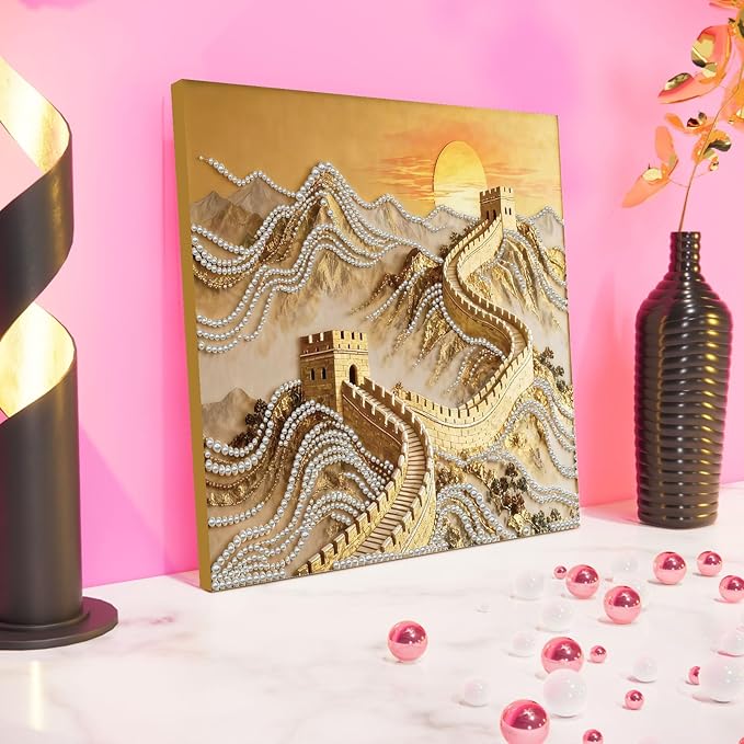 DIY Pearl Painting Kit with Wooden Frame, 3D Plastic Pearl Gemstone Ocean Art Craft for Adults Beginners, Diamond Art Kits for Adults, Home Wall Decor Ready Gift for Women(Great Wall)(30 * 30cm)