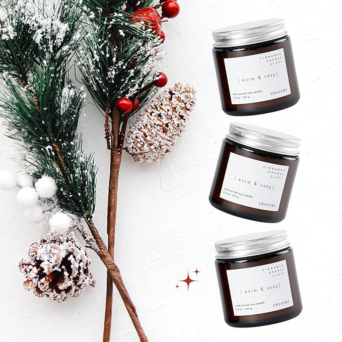 Unboxme Gifts 3-Pack Aromatherapy Scented Candle Gift Set – Hand-Poured Soy Wax Candles with Essential Oils in Reusable Glass Jars – Relaxation & Gift-Ready Candle Set – Merry + Bright Set