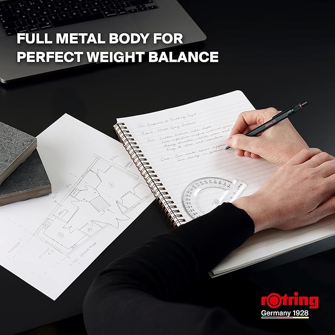 rOtring 600 BLK MP 0.5 Gift Set with PU Pen Pouch and Notebook | All-Metal Body Propelling Mechanical Pencil | Black | Non-Slip Knurled Grip & Hexagonal Barrel