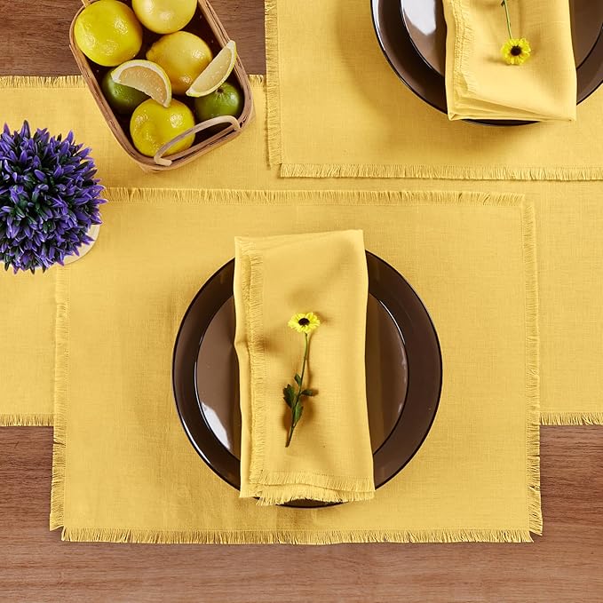 Solino Home Fringe Linen Placemats Set of 4 - Marigold Yellow Placemats 14 x 19 Inch - 100% Pure Linen Table Mats for Spring, Easter