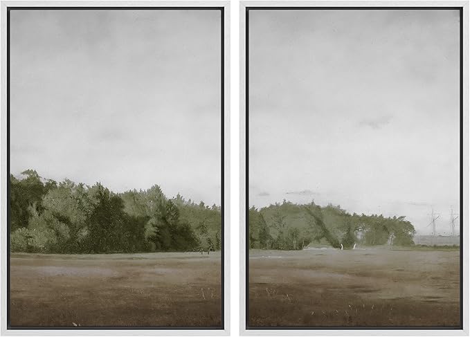SIGNWIN Framed Canvas Print Wall Art Set Green Mountain Hill Forest Landscape Nature Wilderness Illustrations Fine Art Farmhouse/Country Minimal for Living Room, Bedroom, Office - 24"x36"x2 White