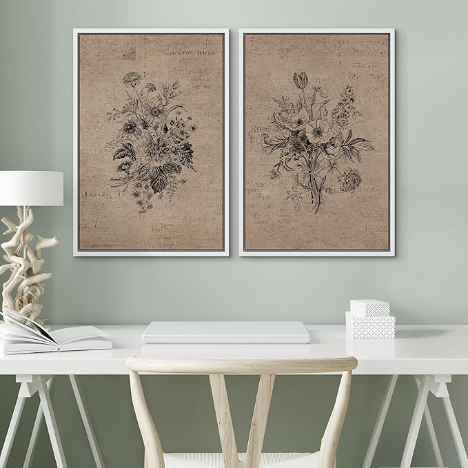 SIGNWIN Framed Canvas Print Wall Art Set Antique Floral Bouquets Vintage Engraved Flowers Modern Minimalism Decorative Nordic for Living Room, Bedroom, Office - 16"x24"x2 White