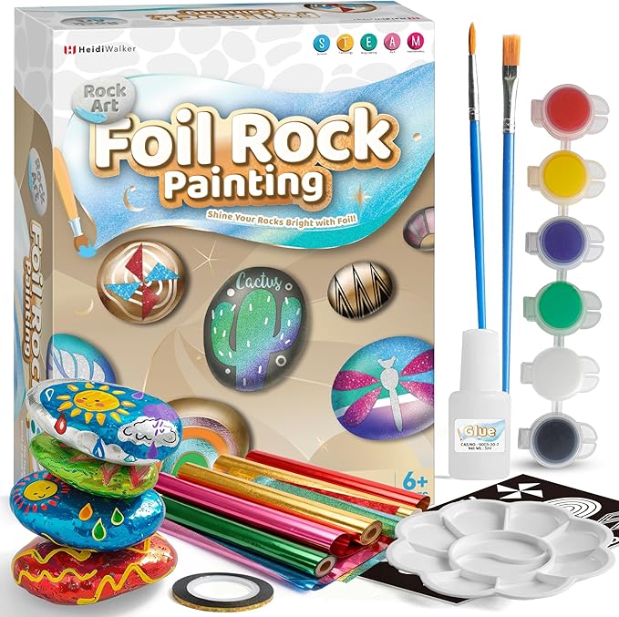 Piano Potato Rock Painting Kit for Kids, Foil Rock Art Craft Set with 10 River Rocks, 6 Paints & 10 Foil Stencils, Creative Arts and Crafts for Kids Ages 6-12