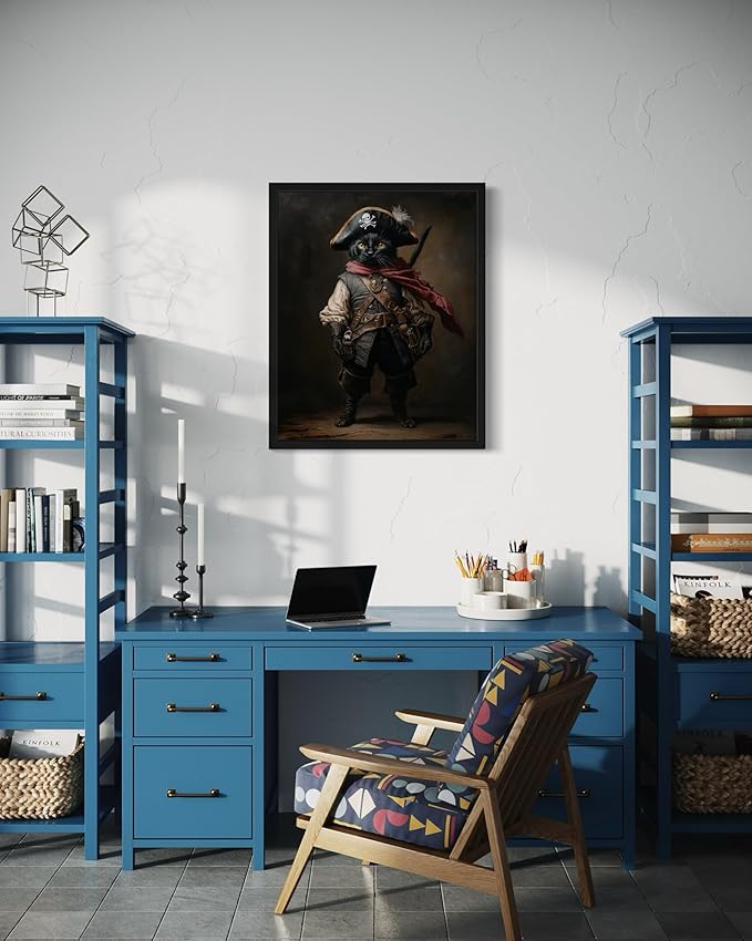 Pirate Art Poster Print, Cat Kitten Painting Humor Portrait Pet Artwork Decor Gallery A8 (Pirate Cat, 16 x 20 inches, Black Frame)