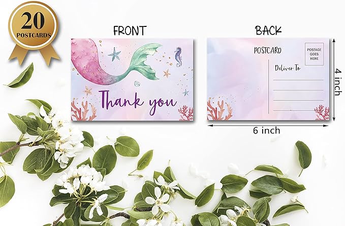 Birthday Thank You Postcards, Mermaid Theme, Under The Sea, Ocean Thank You Cards for Kids Girls Boys Birthday Party, Baby Shower Party, Set of 20 (A06)