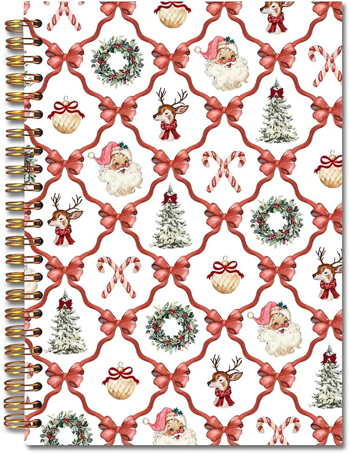 Exqcom Coquette Christmas Red Bow Spiral Notebook Gifts, Retro Xmas Tree Wreath Santa Reindeer Journal for Women, Preppy Aesthetic Hardcover Notebook Journal Office School Supplies, 5.5x8.3 Inch