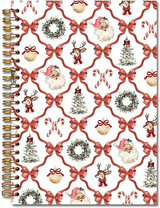 Exqcom Coquette Christmas Red Bow Spiral Notebook Gifts, Retro Xmas Tree Wreath Santa Reindeer Journal for Women, Preppy Aesthetic Hardcover Notebook Journal Office School Supplies, 5.5x8.3 Inch