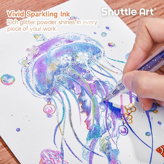 Shuttle Art Glitter Gel Pens, 24 Vibrant Sparkle Retractable Glitter Colored Gel Pens Set 1.0mm Bold Point Smooth Writing for Adults Coloring Books Drawing Doodling Scrapbooking Journaling