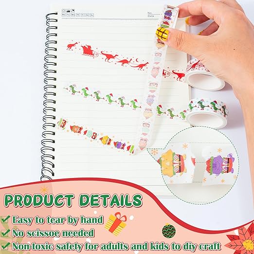Christmas Dinosaur Washi Tape - 12 Rolls Dinosaur Footprints Christmas Trees Designs, Free Adhesive for Gift Wrapping, Scrapbook, Kids Crafts, Photo Albums, Journal Decor & DIY Projects