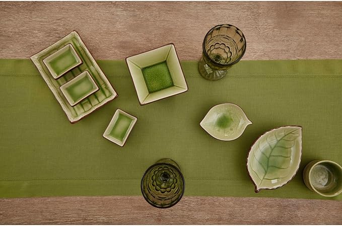 Solino Home Linen Table Runner 120 Inches Long - 100% Pure Linen Avocado Green Table Runner 14 x 120 Inch for Spring, Easter, St Patricks Day - Classic Hemstitch