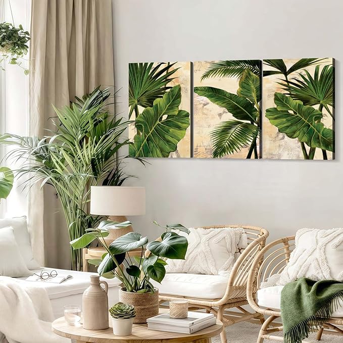 3pcs Framed Palm Leaves Banana Leaf Tropical Plants Wall Art Decor Canvas Print Nature Style Home Greenery Pictures Poster Gallery Bedroom Living Room Studio 12x16 Inch Ready to Hang