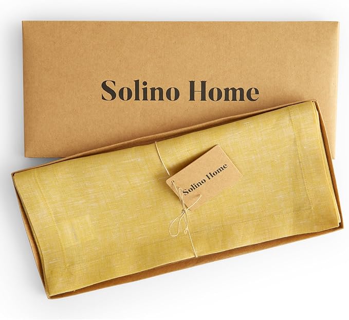 Solino Home Linen Short Table Runner 48 Inches - Athena, 100% Pure Linen Chambray Lemon Yellow Table Runner 14 x 48 Inch Ideal for Dresser and Coffee Tables, Spring, Easter