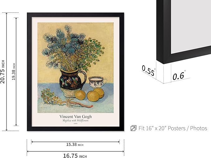 Monem Art Vintage Van Gogh Poster - Retro Majolica with Wildflowers Print - Impressionism Art - Flower Art - Fine Art - Classic Painting Art - Floral Living Room Decor - 16x20 Black Framed