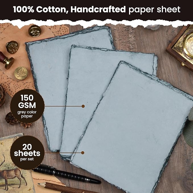 LEATHER VILLAGE Watercolor Paper- 7 X 10 inches - 20 Sheets Watercolor Paper for Drawing, Sketching, Painting & Crafts - 150 GSM Thick Deckle Edge Virgin Cotton Handmade Paper - Grey