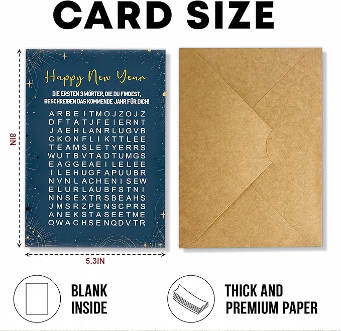 (5.3x8in) Happy New Year Word Search Card in German, Interactive Puzzle Greeting for Friends, Family, Coworkers, Fun Game Style Holiday Card, Unique New Year Activity Gift with Envelope (Xmas 40)