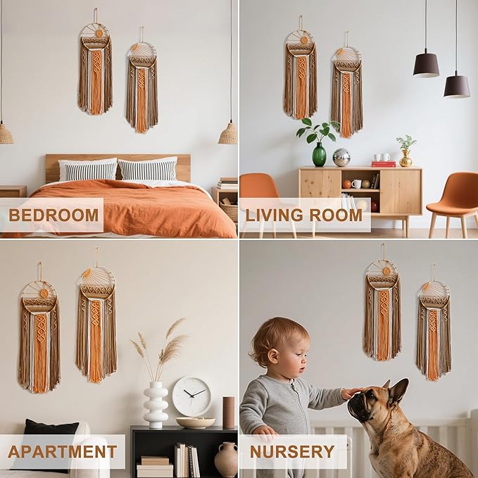 2 Pack Macrame Sun Wall Decor Set - Hand Woven Sunrise Sunset Boho Hanging Tapestry Wall Art, Orange Brown Rustic Dream Catcher Home Decor for Bedroom Living Room Nursery