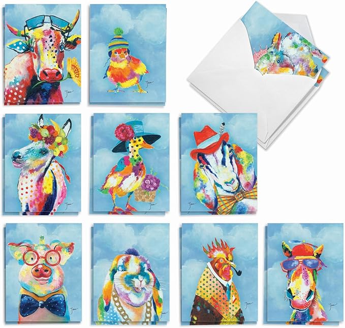 The Best Card Company Assorted Blank Greeting Card Box Set - Incl. 20 Cards + Envelopes - 10 Unique Designs - Perfect for Thank Yous, Invitations, More - Funny Farm AM6563OCB-B2x10