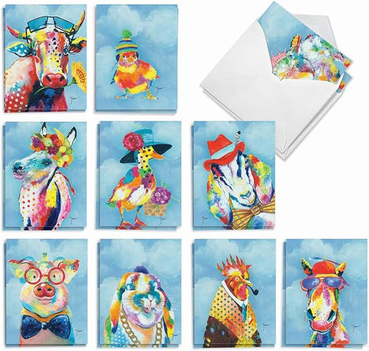 The Best Card Company Assorted Blank Greeting Card Box Set - Incl. 20 Cards + Envelopes - 10 Unique Designs - Perfect for Thank Yous, Invitations, More - Funny Farm AM6563OCB-B2x10