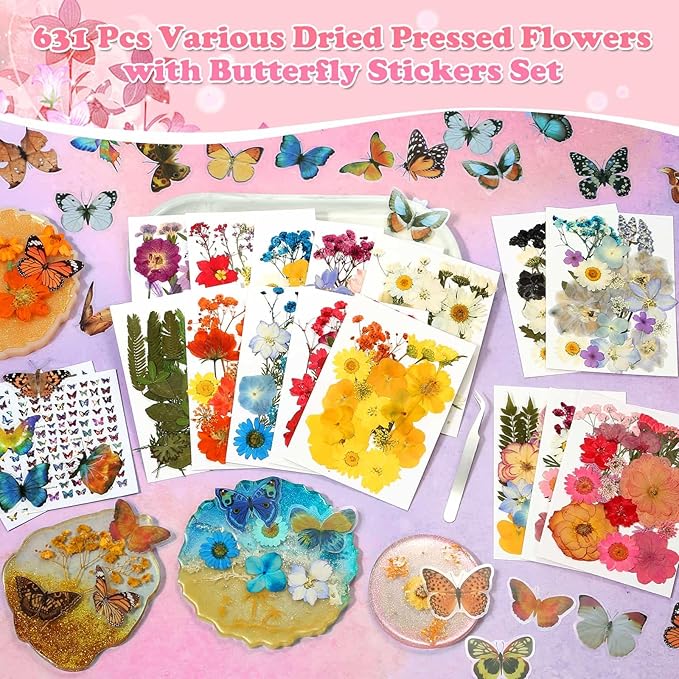 630 Pcs Dried Pressed Flowers with Butterfly Stickers for Crafts, Real Pressed Wildflowers Dry Leaves Bulk with Tweezer for Resin Jewelry Molds Candle Soap Making Scrapbook Bookmark Nails Decor