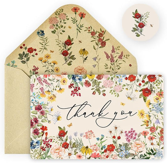 Artoid Mode 24 Pack Vintage Wildflower Thank You Cards Flower Greeting Cards Gift With Envelope Sticker Blank Note Cards for Birthday Wedding Baby Shower Bridal Shower, 4 x 6 Inch