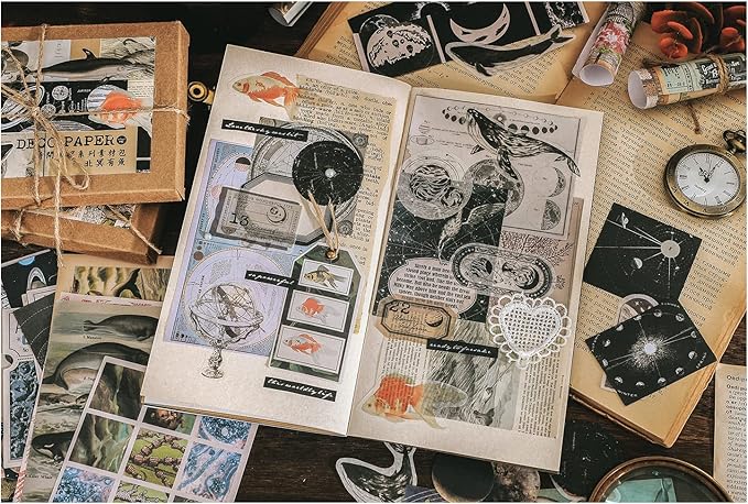 Knaid 200 Pieces Vintage Ephemera Pack Decoupage Paper Junk Journal Kit Scrapbook Planner Sticker Supplies for Art Journaling Bullet Journals Collage Craft Notebooks Album Crafter Gifts (Exploration)