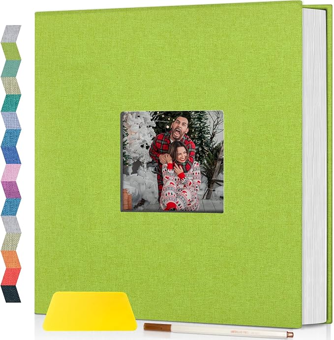 popotop Photo Album Self Adhesive with Picture Display Window,40 Pages DIY Scrapbooking Supplies Kit for 4x6 10x12 Picture,Linen Cover Memory Book for Baby Wedding, with Scraper and Metallic Pen