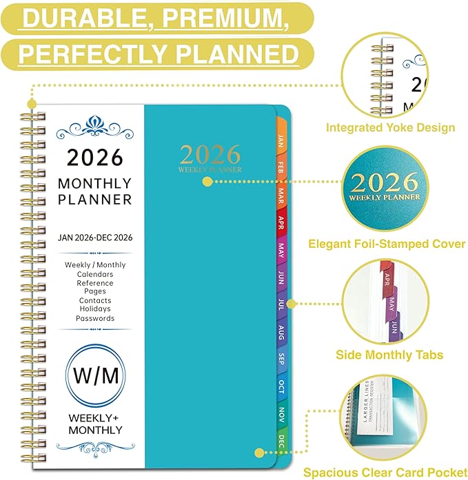 2026 Planner, Weekly and Monthly Planner, January 2026 - December 2026, Calendar Planner A5 (6.5" x 8.5") with Tabs With 8 stickers, Inner Pocket for Home School Office Supplies (Green)