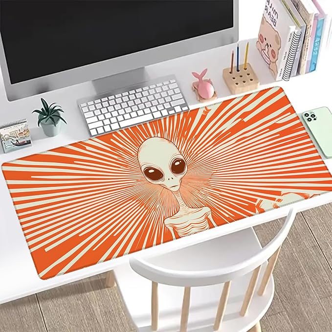 Retro Alien Gaming Mouse Pad, Office Desk Mat, Anti-Slip Rubber Base Cool Aesthetic Mouse Pads for Computer Laptop Keyboard School Home Desktop Gamer Home Accessories Decor 31.5" x 11.8"