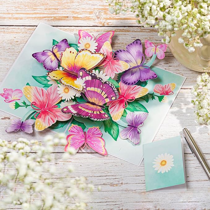Butterfly Pop Up Card, Colorful Butterflies with Flowers, 3D Greeting Card, Gifts for Birthday, Mothers Day, Valentines Day, 5x7 - Includes Envelope And Message Note