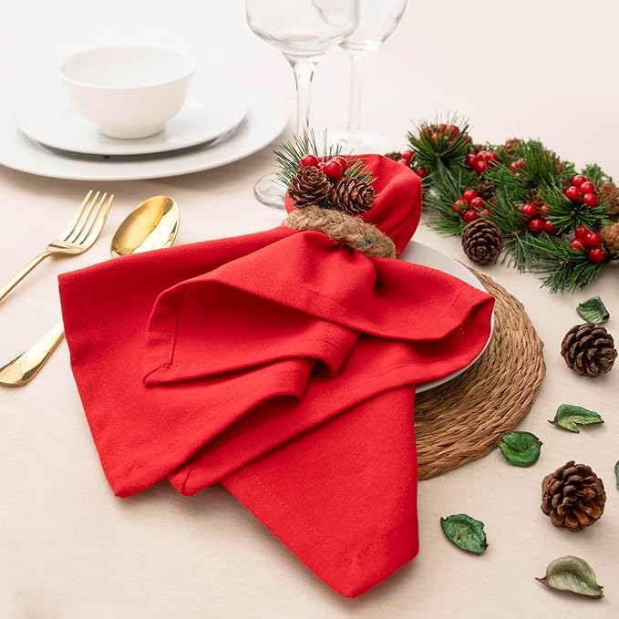 Blue Needles Solid Cloth Napkins Set of 12 Red 100% Cotton Dinner Napkins 18x18 inches - Soft, Reusable, Absorbent & Washable Linen, Ideal for Christmas Events, Parties & Everyday Use