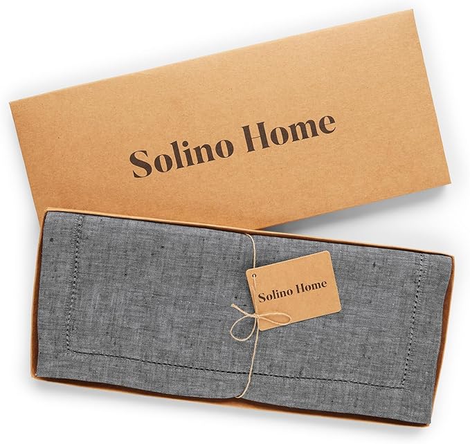Solino Home Linen Table Runner 60 Inches - 100% Pure Linen Charcoal Grey Hemstitch Table Runner 14 x 60 Inch Ideal for Dresser and Coffee Tables - Milan