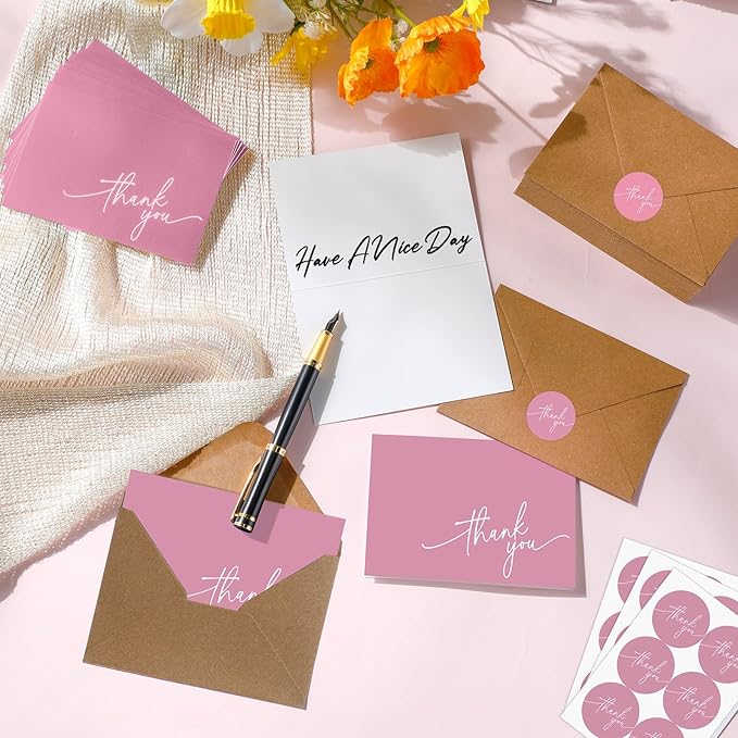 Gueevin 200 Pcs Thank You Cards with Kraft Envelopes and Stickers Bulk, 3.5 x 5 Inch Classy Blank Thank You Notes for Wedding, Business, Graduation, Baby Shower, Bridal Shower, Funeral(Pink)