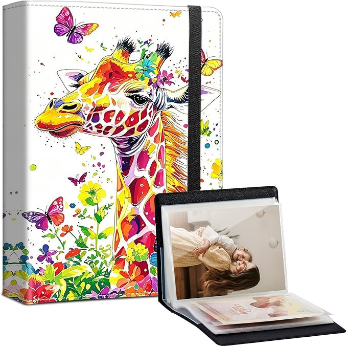 Photo Album 4x6-120 Photos Capacity,PU Leather Cover with Elastic Band,High Definition Waterproof PP Pages for Family Wedding Anniversary Baby Record,Colorful Giraffe