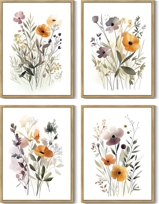 Drsoum Wildflower Bouquet Boho Framed Wall Art Wooded Minimalist Aesthetic Botanical Flower Prints Modern Plants Bathroom Kitchen Home Decor Ready to Hang 11x14inx4pcs (Natural Framed)