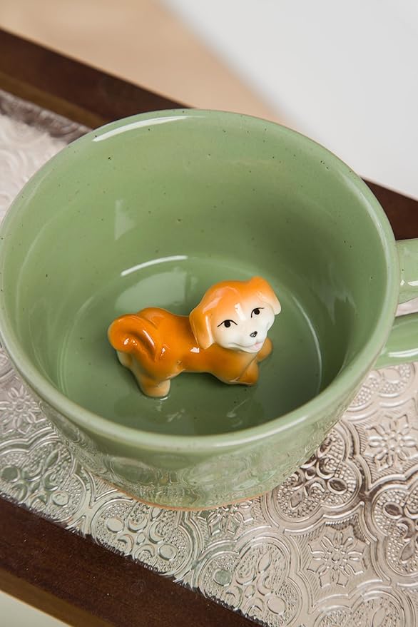 DIHOclub Farmhouse Ceramic Coffee Mug with Animal Figurine – Rustic Stoneware Cup, Matte Finish, Ideal for Breakfast & Home Decor (Green Dog)