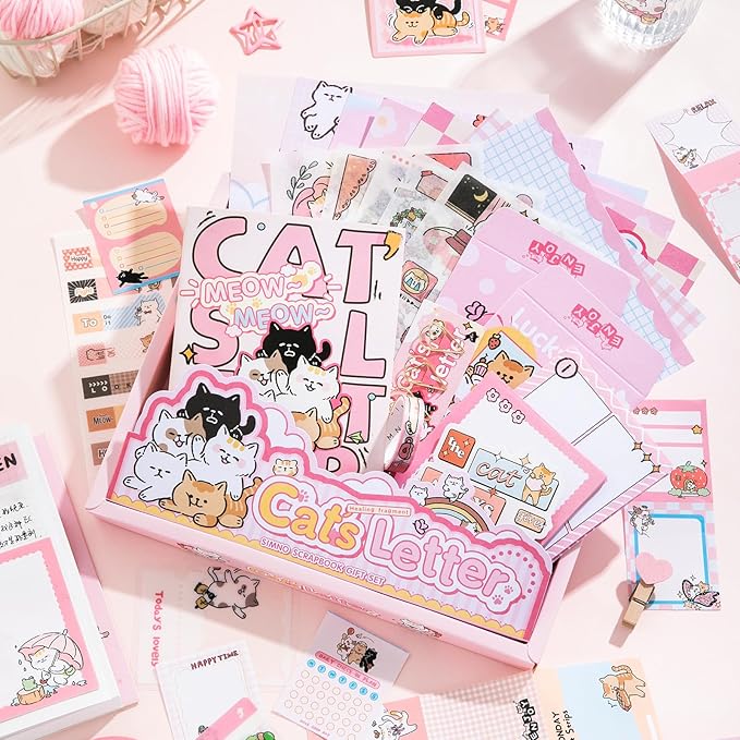 Draupnir Kawaii Pink Cute Cat Scrapbook Kit, Bullet Junk Journal Kit with Journaling/Scrapbooking Supplies, Stationery, A6 Grid Notebook Graph Ruled Pages.DIY Gift for Teen Girl Kid Women.