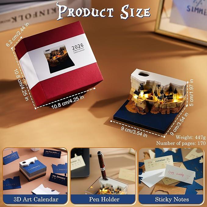3D Time Piece Calendar 2026, Art Calendar Memo Pad 2026 Mini Desk Magic Castle with Lights, 3D Sticky Note Desktop Tear Off Gift for Christmas Office Decoration