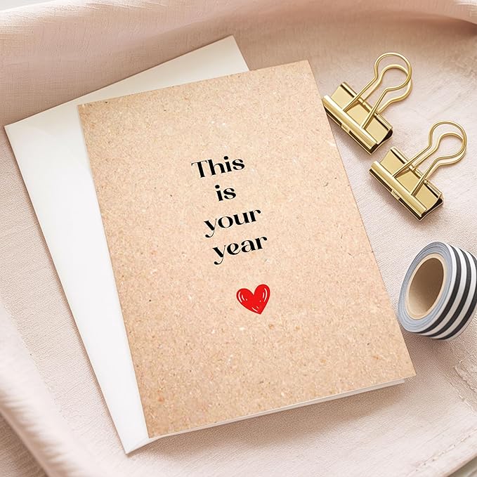 (5.3x8in) This Is Your Year Card, Minimalist Kraft Paper Motivational Greeting with Red Heart, Positive Encouragement Card for New Year, Promotion or Life Change with Envelope (Xmas 44)