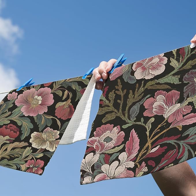 Vintage Boho Floral Kitchen Dish Towels Set of 2, Retro Wildflower Mid Century Botanical Cottagecore Dark Academia Hand Towels Kitchen Bathroom Farmhouse Tea Towels Decorations, 16x24inch
