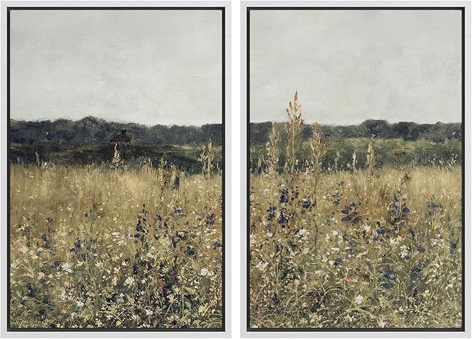 SIGNWIN Framed Canvas Print Wall Art Set Wildflower Meadow Under a Gentle Overcast Sky Illustration Modern Art Minimalism Decorative Nordic for Living Room, Bedroom, Office - 24"x36"x2 White