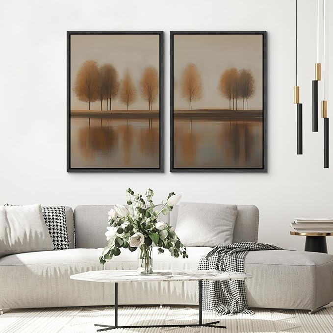 SIGNWIN Framed Canvas Print Wall Art Set Autumn Trees by The Lake Warm Brown Landscape Illustrations Modern Art Scenic Colorful for Living Room, Bedroom, Office - 24"x36"x2 Black