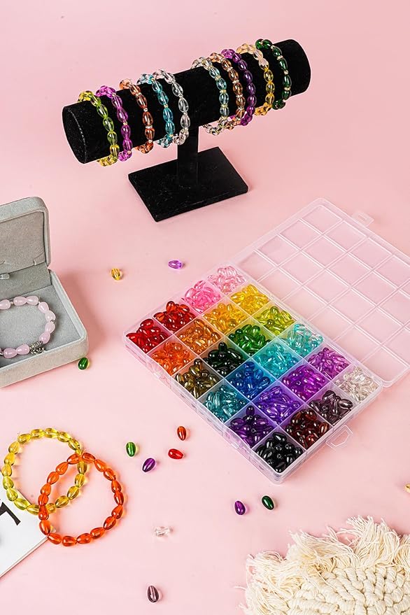 REVKI 1200pcs Glass Beads Bracelet Making Kit, 48 Colors Crystal Beads for Jewelry Making,Strange Shaped Glass Beads for Bracelets and DIY Crafts(Teardrop and Bamboo)