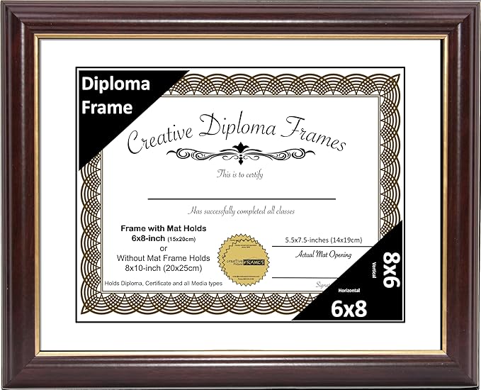 Creative Picture Frames 6x8 Mahogany Gold Rim Diploma Frame with White Mat Glass Easel and Installed Wall Hangers | Frame Holds 8x10 Media without Mat