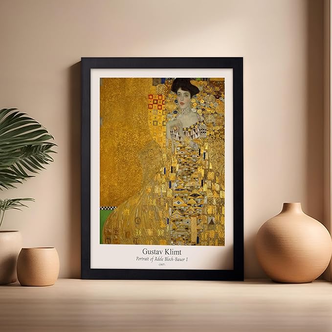 Poster Master Vintage Gustav Klimt Poster - Retro Portrait of Adele Bloch-Bauer Print - Art Nouveau - Lady in Gold Art - Gold Leaf Art - Classic Painting - Living Room Decor - 16x20 Black Framed