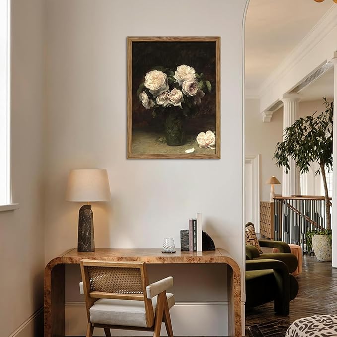 Vintage Floral Wall Art, Framed Moody Dark Roses Canvas Wall Art, Botanical Flowers Pictures Print, Retro White Roses Oil Painting Artwork Wall Decor for Bedroom Kitchen Bathroom – 12x16 inch